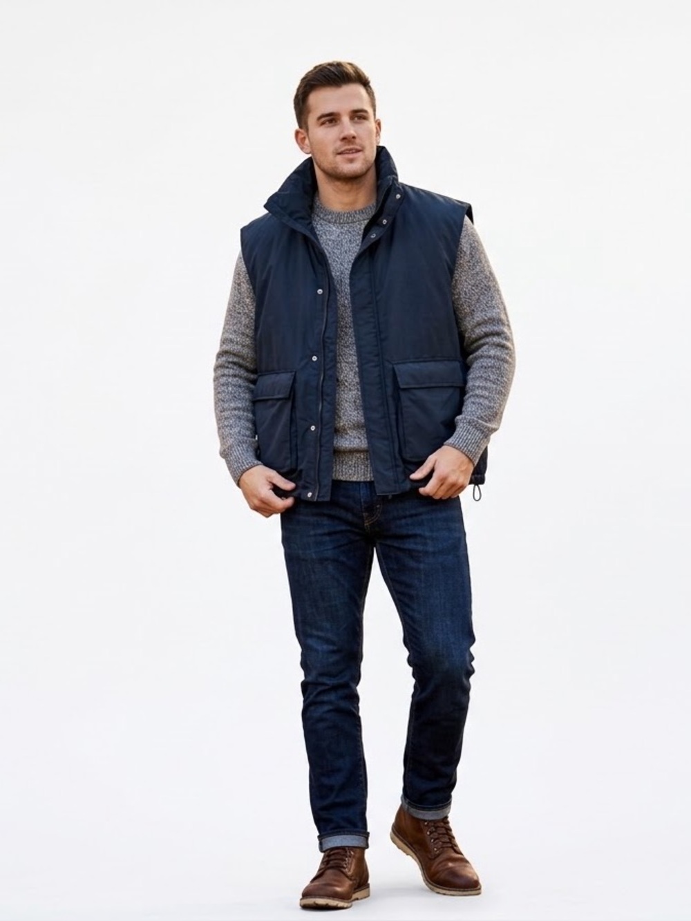 ZARA Padded Utility Vest Navy Blue Mens Size M-L Drawstring Hem Cargo Pockets